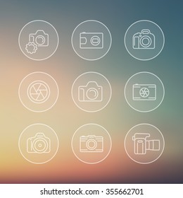 camera line icons, dslr, aperture, transparent round icons, vector illustration
