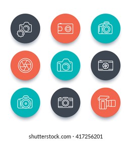 camera line icons, dslr, aperture, photography, slr camera pictogram, flat round icons set, vector illustration
