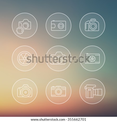 camera line icons, dslr, aperture, transparent round icons, vector illustration