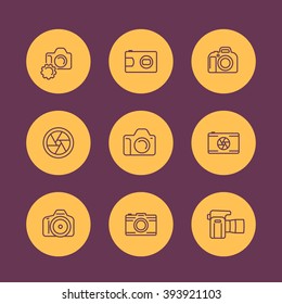 camera line icons, dslr, diaphragm, photography, camera pictogram, flat round icon, vector illustration