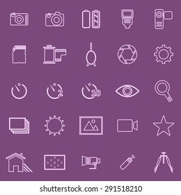 Camera line icons on violet background, stock vector