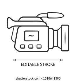 Camera linear icon. Camcorder. Videotaping, video recording. Filmmaking professional equipment. Thin line illustration. Contour symbol. Vector isolated outline drawing. Editable stroke