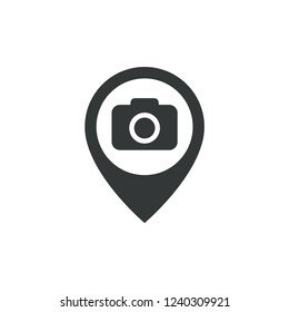 camera location with map pointer icon vector logo template
