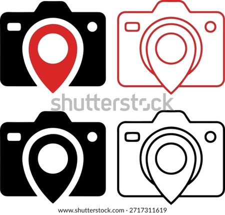 camera location pin icon set, flat vector photography destination and photo spot symbols