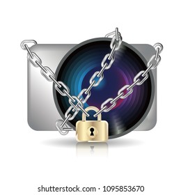 Camera locked by a chain.Isolated on white background.