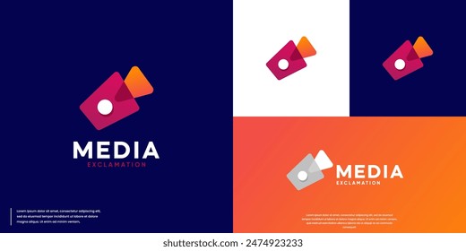 camera logo and exclamation mark, digital production, modern style, logo design template.