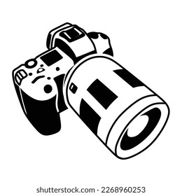 camera logo, facing down right, long lens, line art