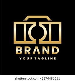 Camera logo illustration design. Vintage. Gold gradient black background. For logo designs for camera shops, camera rentals and services.