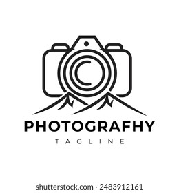 Camera Logo with Outdoor Photography mountain or adventure  vector design