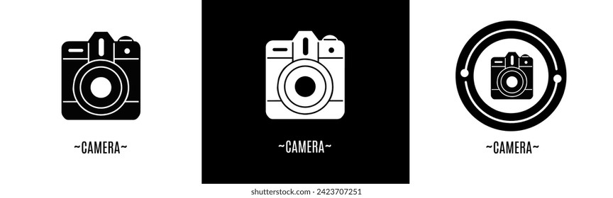 Camera logo set. Collection of black and white logos. Stock vector.