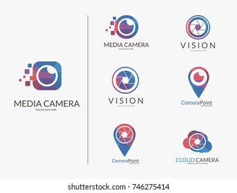 Camera logo set. Multicolored camera logotypes 