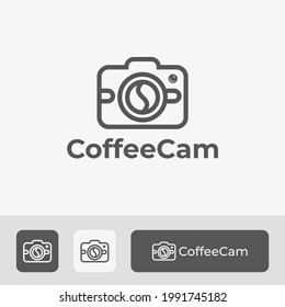 logotipo de la cámara, diseño vectorial de la lente de la taza de café único con un estilo de arte de línea mínimo