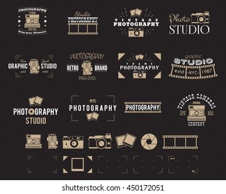 Camera logo. Vintage Photography Badges, Labels, dslr. Hipster design with photographer elements. Retro style for photo studio, photographer, equipment store. Gadget Signs. Vector old photo icons set