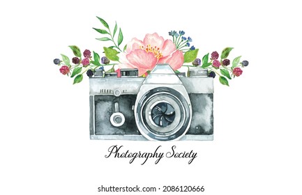 camera logo. watercolor camera flower vector background