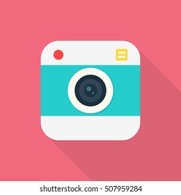 Camera with long shadow isolated on background. Photo camera flat icon. Vector illustration