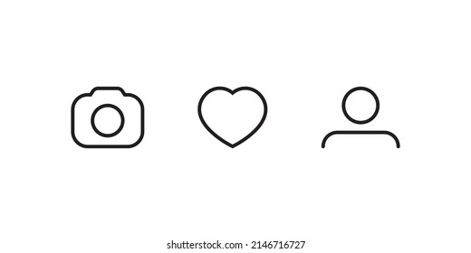 Camera, Love, and Profile Avatar Icon in Line Style. Social Media Element Symbols