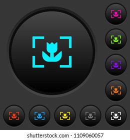 Camera macro mode dark push buttons with vivid color icons on dark grey background
