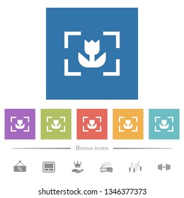 Camera macro mode flat white icons in square backgrounds. 6 bonus icons included.