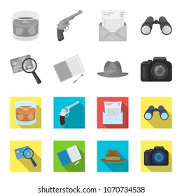 Camera, magnifier, hat, notebook with pen.Detective set collection icons in monochrome,flat style vector symbol stock illustration web.