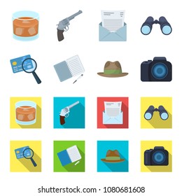 Camera, magnifier, hat, notebook with pen.Detective set collection icons in cartoon,flat style vector symbol stock illustration web.