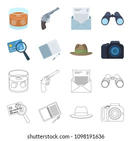 Camera, magnifier, hat, notebook with pen.Detective set collection icons in cartoon,outline style vector symbol stock illustration web.
