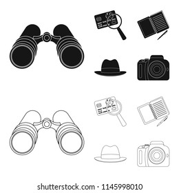 Camera, magnifier, hat, notebook with pen.Detective set collection icons in black,outline style vector symbol stock illustration web.