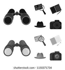 Camera, magnifier, hat, notebook with pen.Detective set collection icons in black,monochrome style vector symbol stock illustration web.