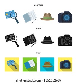 Camera, magnifier, hat, notebook with pen.Detective set collection icons in cartoon,black,flat style vector symbol stock illustration web.