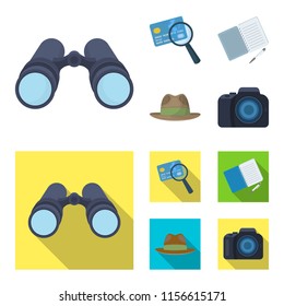 Camera, magnifier, hat, notebook with pen.Detective set collection icons in cartoon,flat style vector symbol stock illustration web.