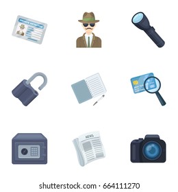 Camera, magnifier, hat, notebook with pen.Detective set collection icons in cartoon style vector symbol stock illustration web.