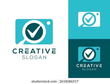 Camera and magnifying glass with check mark in the middle logo design