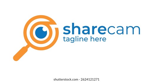 camera and magnifying glass combination logo design, logo for digital media, lens, camera, vision, symbol, icon, idea, creative.