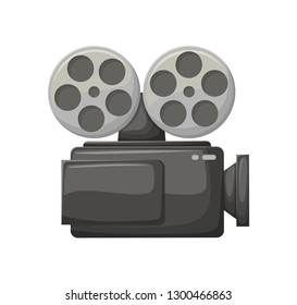Camera for making movies vector, isolated icon of camcorder with bobbins. Cinematography, filming industry television cinematic equipments technology