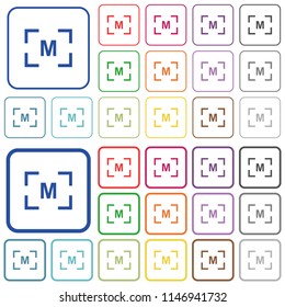 Camera manual settings mode color flat icons in rounded square frames. Thin and thick versions included.