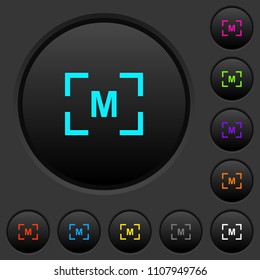 Camera manual settings mode dark push buttons with vivid color icons on dark grey background
