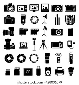 Camera and many photo accessories icons. Vector EPS8 set on white background