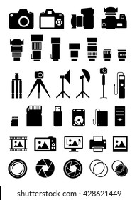 Camera and many photo accessories and lens icons. Vector EPS8 set on white background