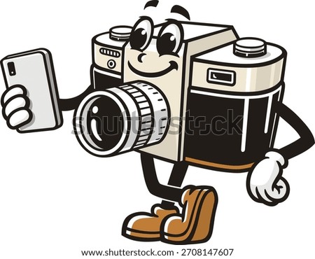 Camera mascot cartoon holding a gadget or smartphone
