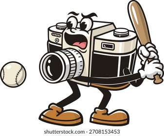 Cámara mascota de dibujos animados jugando béisbol