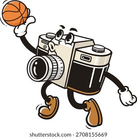 Cámara mascota de dibujos animados jugando slam dunk baloncesto