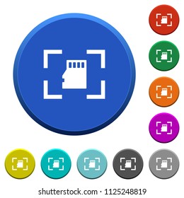 Camera memory card round color beveled buttons with smooth surfaces and flat white icons