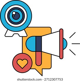 A camera with a microphone and a microphone with a big sound coming out of it. The camera is on the left and the microphone is on the right