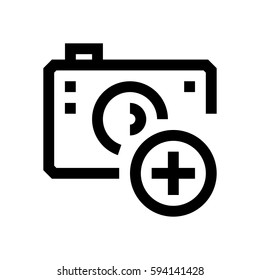 Camera mini line, icon, background and graphic. The icon is black and white, linear  flat, vector, pixel perfect, minimal, suitable for web and print. 