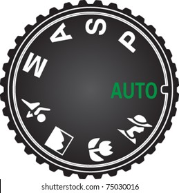 Camera mode dial for choosing shooting mode: Auto mode, Program mode, Aperture priority mode, Shutter priority mode, Manual mode, Portrait mode, Sports mode, Landscape mode and Macro mode in vector