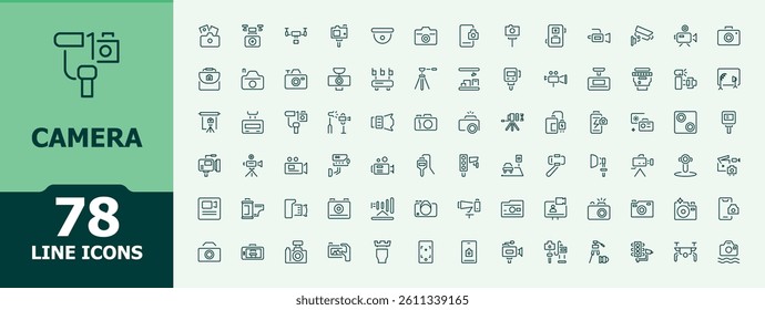 Camera modern icon. Includes symbols for photo, photograph, cam, photography. Minimalist editable vector stroke. Photograph icon set. Vector collection.