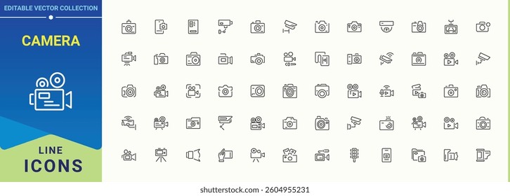 Camera modern icon set. Included cam, film, photograph and more. Outline icons collection. Photo icon pack. Art and illustration.