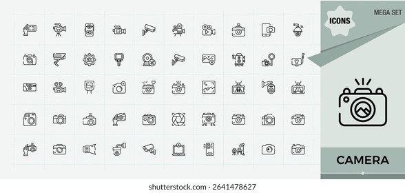 Camera modern icon set. Minimal thin line web icons set. Art and illustration. Photography related icon set. Contain linear sign photograph, media, capture, cam and more.