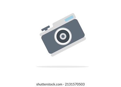 Camera, modern style illustration on white background with shadow below, vector size for commercial use.