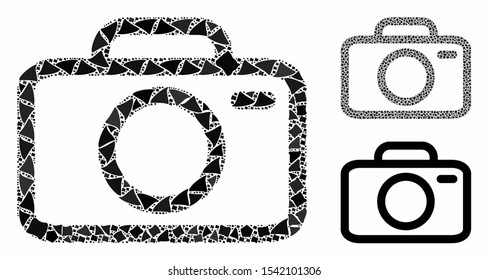 Camera mosaic of abrupt parts in various sizes and color tinges, based on camera icon. Vector ragged parts are grouped into composition. Camera icons collage with dotted pattern.