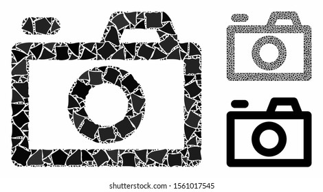 Camera mosaic of bumpy items in various sizes and shades, based on camera icon. Vector irregular items are combined into collage. Camera icons collage with dotted pattern.